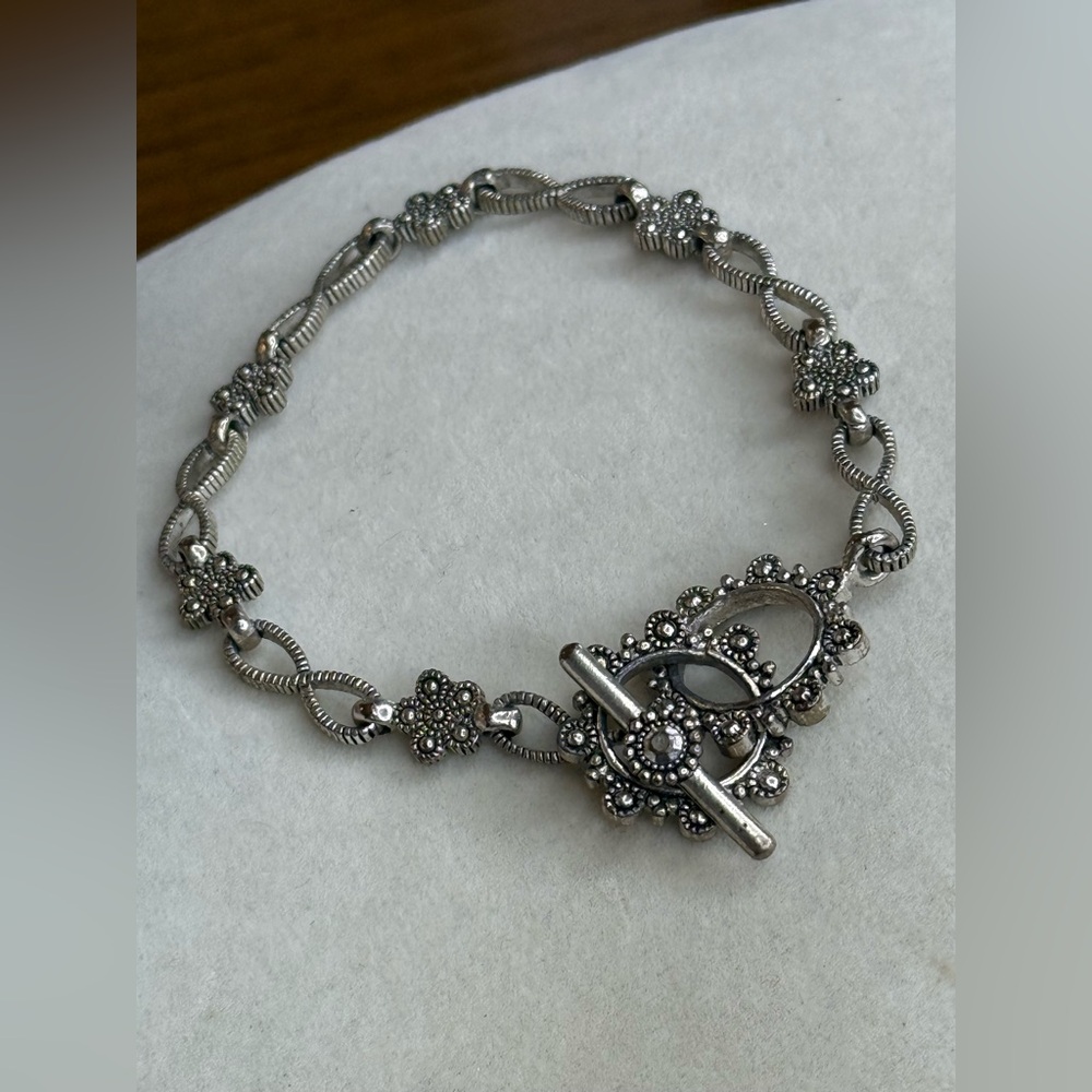 Vintage-Inspired Silver Floral Bracelet w/ Marcasite Accents & Toggle Clasp - Picture 7 of 10